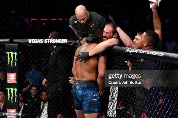 Curtis Blaydes reacts after his knockout victory over Junior Dos Santos in their heavyweight fight during the UFC Fight Night event at PNC Arena on...