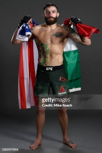 Michael Chiesa poses for a portrait backstage after his victory during the UFC Fight Night event at PNC Arena on January 25, 2020 in Raleigh, North...