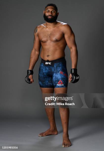 Curtis Blaydes poses for a portrait backstage after his victory during the UFC Fight Night event at PNC Arena on January 25, 2020 in Raleigh, North...