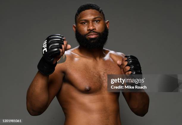 Curtis Blaydes poses for a portrait backstage after his victory during the UFC Fight Night event at PNC Arena on January 25, 2020 in Raleigh, North...