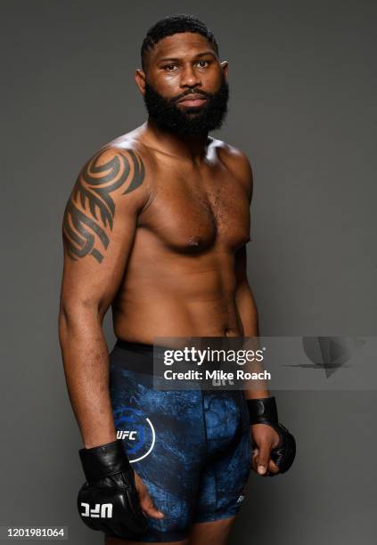 Curtis Blaydes poses for a portrait backstage after his victory during the UFC Fight Night event at PNC Arena on January 25, 2020 in Raleigh, North...