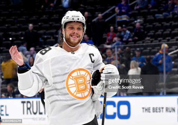 David Pastrnak of the Boston Bruins acknowledges the fans after the 2020 NHL All-Star Game between the Atlantic Division and Pacific Division at the...