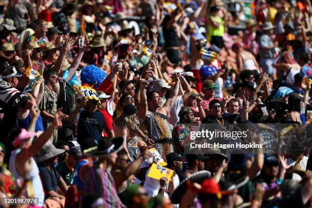 Fans celebrate a New Zealand win during the semi-final match between New Zealand and Australia at the 2020 HSBC Sevens at FMG Stadium Waikato on...