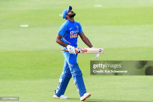 Vijay Shankar of India A looks dejected after being dismissed by Rachin Ravindra of New Zealand A during the One Day International match between New...