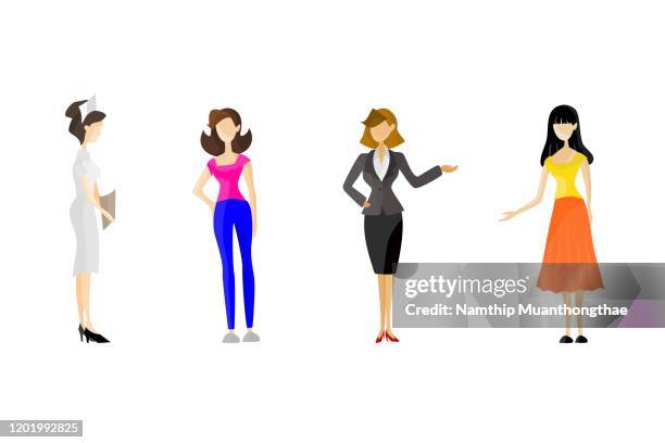 beautiful women vector illustration in various careers style on the white background shows the various uniforms. - facial expressions flat design character imagens e fotografias de stock