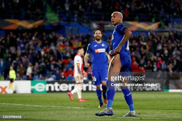 Deyverson of Getafe celebrates 1-0 during the UEFA Europa League match between Getafe v Ajax at the Coliseum Alfonso Perez on February 20, 2020 in...
