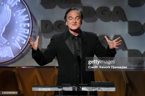 Feature Film Nominee for 'Once Upon a Time in Hollywood' Quentin Tarantino speaks onstage during the 72nd Annual Directors Guild Of America Awards at...