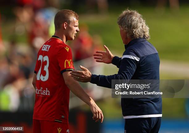 Jordan Elsey of Adelaide United speaks with Adelaide United coach Gertjan Verbeek during the round 16 A-League match between Western United and...