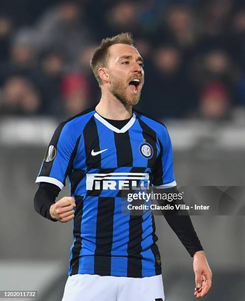 Christian Eriksen of FC Internazionale celebrates after scoring the opening goal during the UEFA Europa League round of 32 first leg match between...