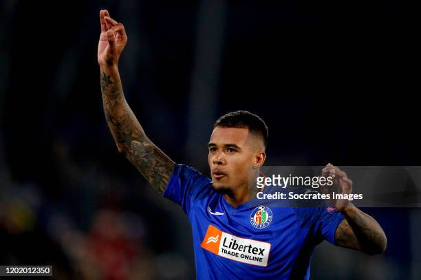 Kenedy of Getafe celebrates 2-0 during the UEFA Europa League match between Getafe v Ajax at the Coliseum Alfonso Perez on February 20, 2020 in...