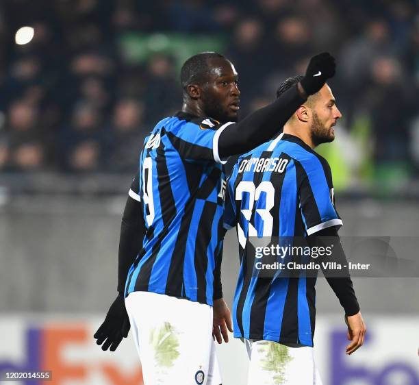 Romelu Lukaku of FC Internazionale celebrates after scoring the second goal of his team during the UEFA Europa League round of 32 first leg match...