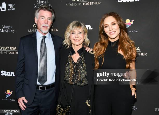 John Easterling, Olivia Newton-John, and Tottie Goldsmith attend the G'Day USA 2020 | Standing Together Dinner at the Beverly Wilshire Four Seasons...