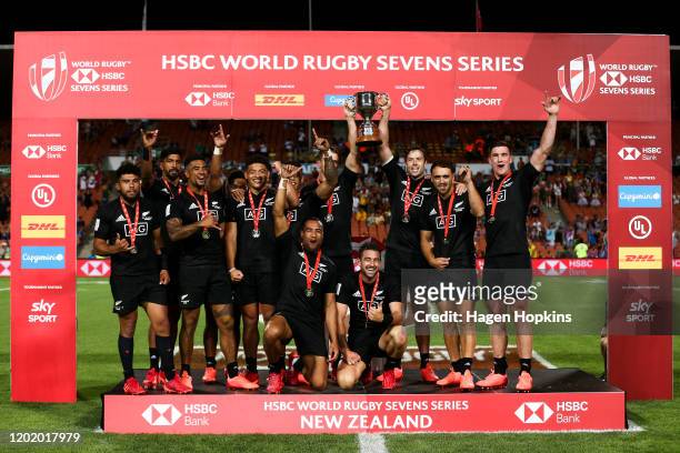 New Zealand players celebrate after winning the Cup Final match between France and New Zealand at the 2020 HSBC Sevens at FMG Stadium Waikato on...