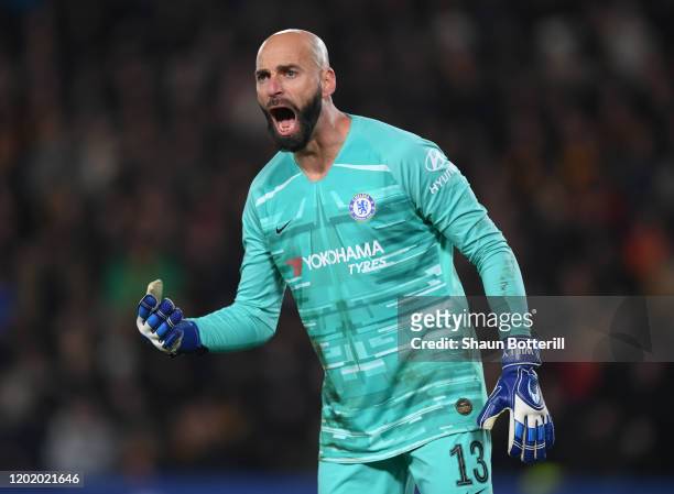 Wilfredo Caballero of Chelsea shouts instructions during the FA Cup Fourth Round match between Hull City and Chelsea FC at KCOM Stadium on January...