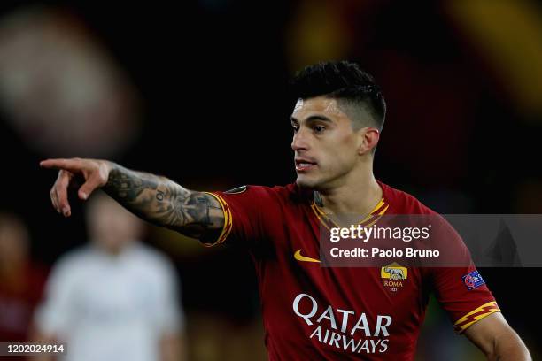 Diego Perotti of AS Roma gestures during the UEFA Europa League round of 32 first leg match between AS Roma and KAA Gent at Stadio Olimpico on...