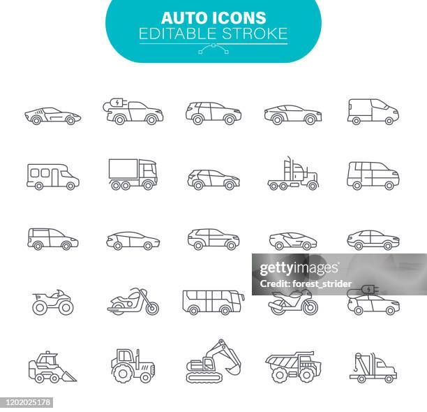 auto-ikonen. limousinen und suv-fahrzeuge, road transport editable icon set - racing car stock-grafiken, -clipart, -cartoons und -symbole