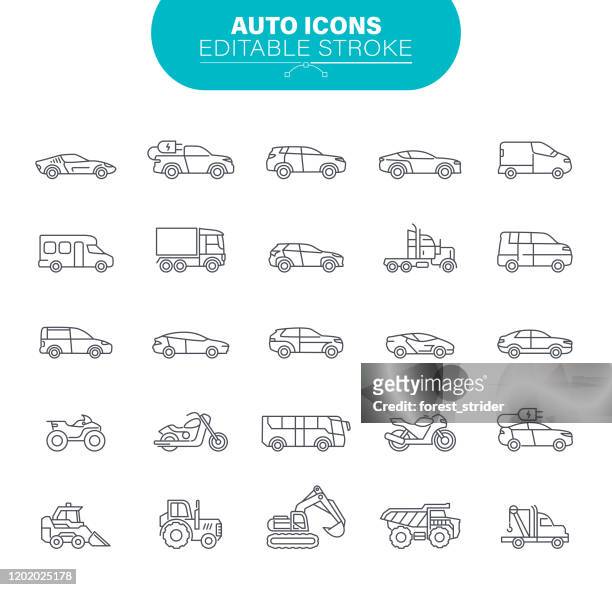 car icons. sedans and suv vehicles, road transport editable icon set - transportation stock illustrations