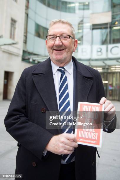 Unite the Union General Secretary Len McCluskey poses with his book 'Why You Should Be a Trade Unionist' at the BBC Broadcasting House after...