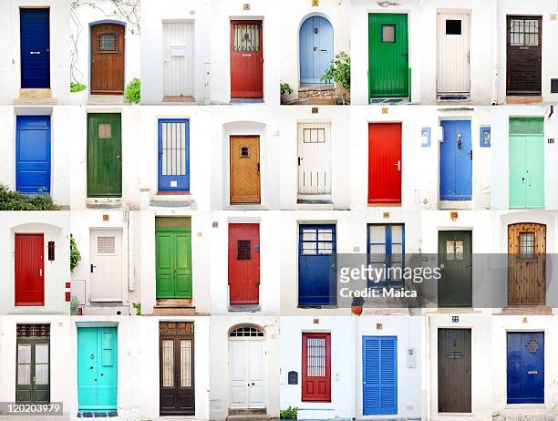 sea village doors - blue house red door stock pictures, royalty-free photos & images