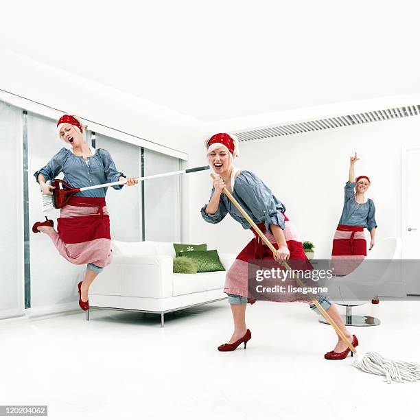 woman cleaning - air guitar stock pictures, royalty-free photos & images