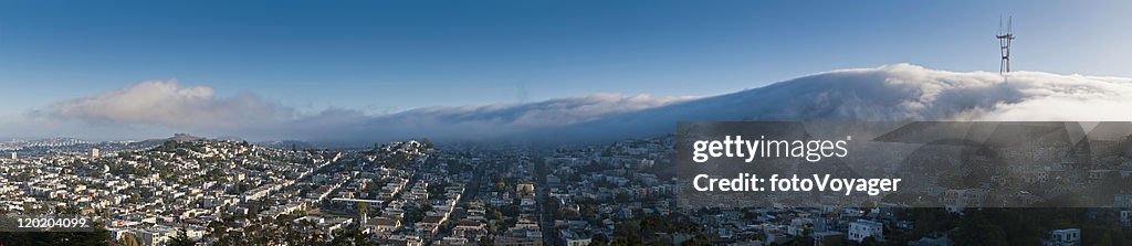 San Francisco fog Twin Peaks Mission District homes panorama California