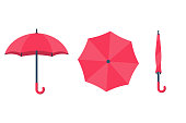 Set of umbrellas. Top view, front and folded umbrella.