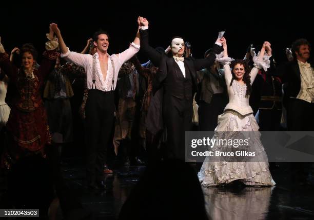 John Riddle as "Raoul, Vicomte de Chagny", Ben Crawford as "the Phantom" and Meghan Picerno as "Christine Daae" during the 32nd Anniversary...