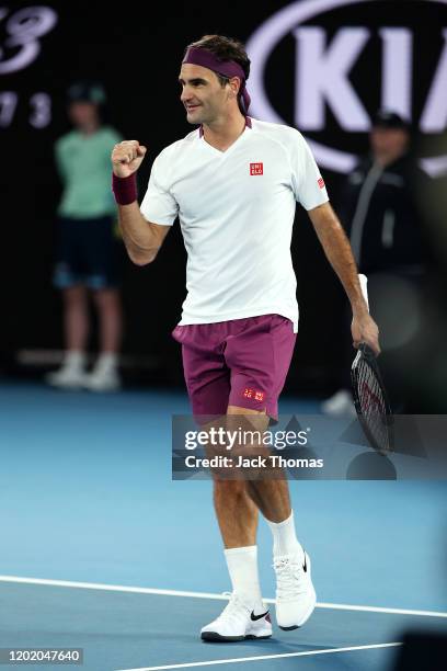 Roger Federer of Switzerland celebrates after winning match point during his Men's Singles third round match against Marton Fucsovics of Hungary on...