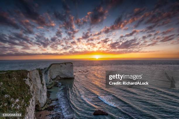 coucher du soleil au-dessus de vieux rochers de harry, côte jurassique, dorset, angleterre - baie de studland photos et images de collection