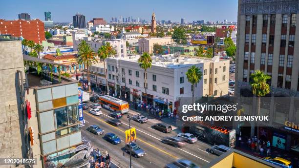 aerial view of sunset boulevard - hollywood los angeles stock-fotos und bilder