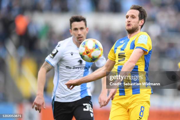 Stephan Fuerstner of Braunschweig plays the ball during the 3. Liga match between TSV 1860 Muenchen and Eintracht Braunschweig at Stadion an der...