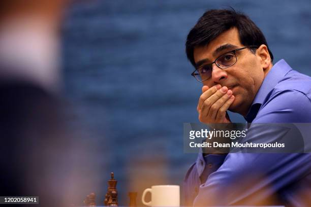 Viswanathan Anand of India competes against Jan-Krzysztof Duda of Polanmd during the 82nd Tata Steel Chess Tournament held in Dorpshuis De Moriaan on...