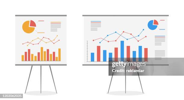 satz von diagrammen auf dem whiteboard-vektor-cartoon. statistik datenanalyse geschäft, vektor. - daten stock-grafiken, -clipart, -cartoons und -symbole