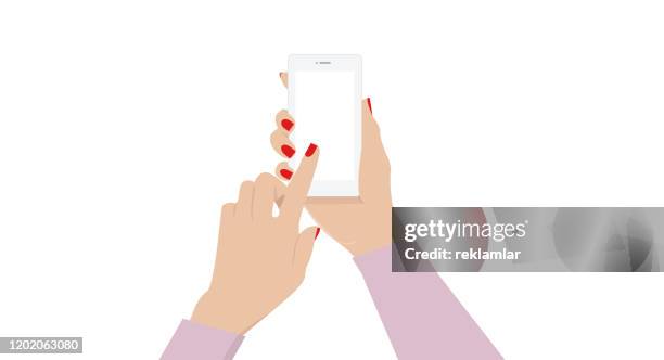 female hand holding a phone with blank screen. phone in female hand. - mobile phone hand stock illustrations