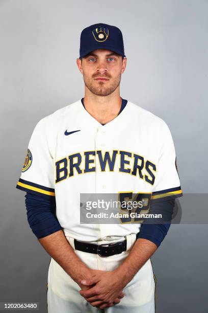 Justin Grimm of the Milwaukee Brewers poses during Photo Day on Wednesday, February 19, 2020 at American Family Fields of Phoenix in Phoenix, Arizona.