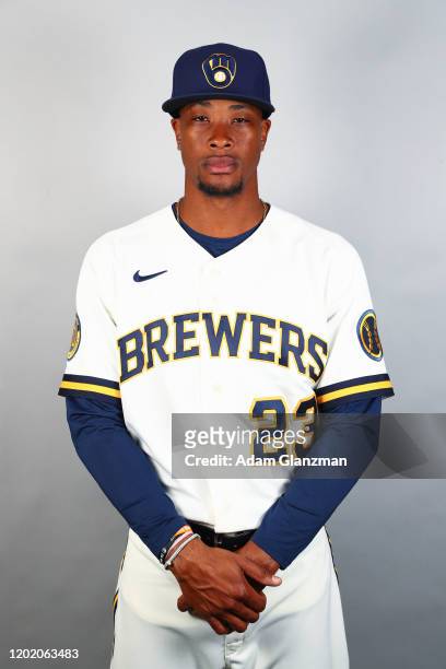 Keon Broxton of the Milwaukee Brewers poses during Photo Day on Wednesday, February 19, 2020 at American Family Fields of Phoenix in Phoenix, Arizona.