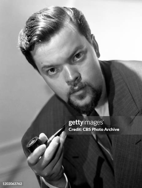 Portrait of Orson Welles, CBS Radio director of The Campbell Playhouse, a continuation of The Mercury Theater on the Air, a dramatic anthology...