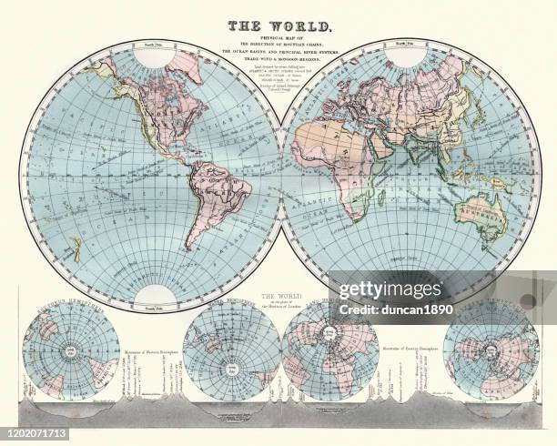 antique map of the world, 19th century - map of eastern hemisphere stock illustrations