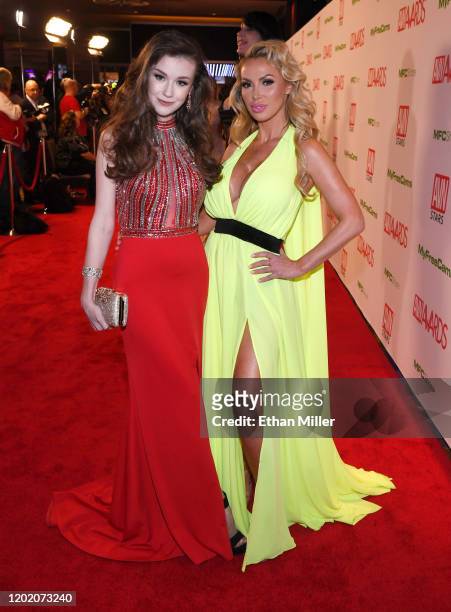 Webcam model Emily Bloom and adult film actress Nikki Benz attend the 2020 Adult Video News Awards at The Joint inside the Hard Rock Hotel & Casino...