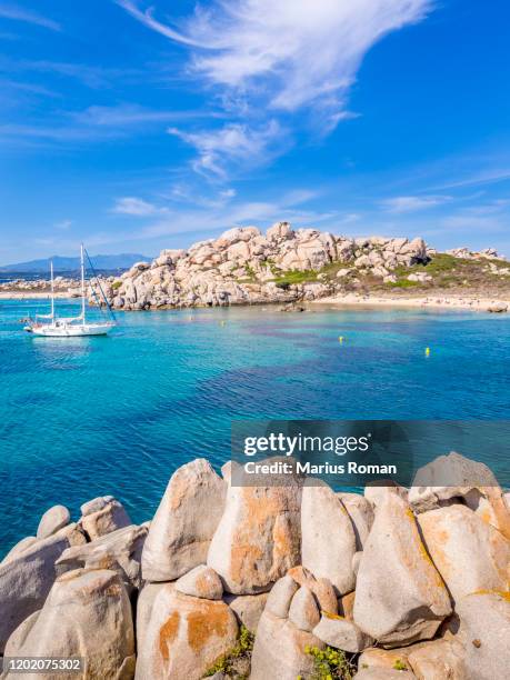 scenic view of the island of lavezzi with turquoise sea, beach and amazing granite boulders,strait of bonifacio, corse-du-sud, corsica, france, europe. - corsica stockfoto's en -beelden