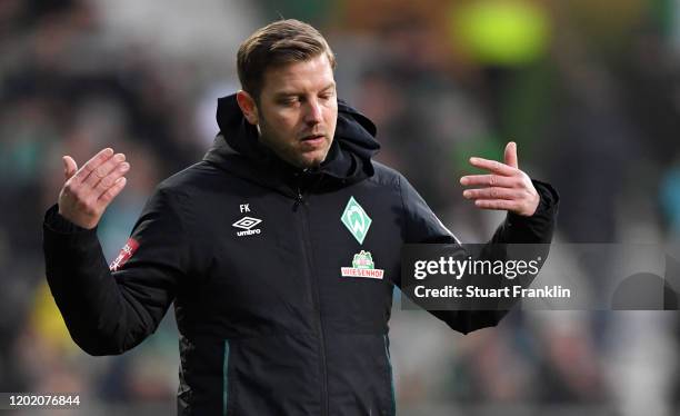 Head coach Florian Kohfeldt of Bremen reacts during the Bundesliga match between SV Werder Bremen and TSG 1899 Hoffenheim at Wohninvest Weserstadion...