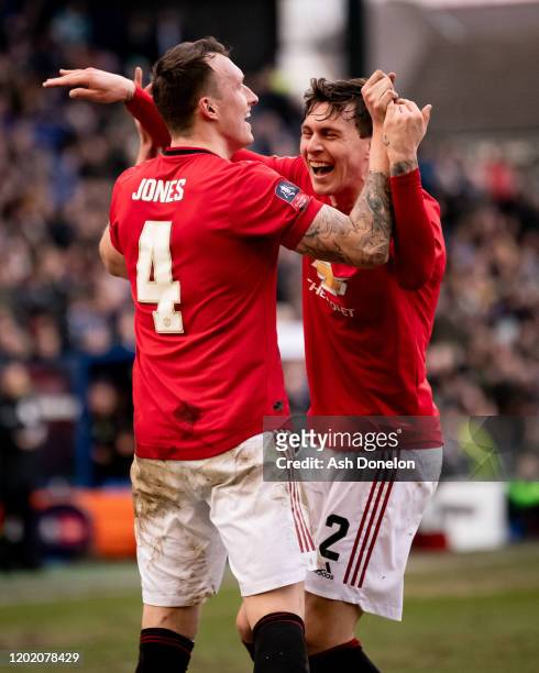Phil Jones of Manchester United celebrates scoring their fourth goal during the FA Cup Fourth Round match between Tranmere Rovers and Manchester...