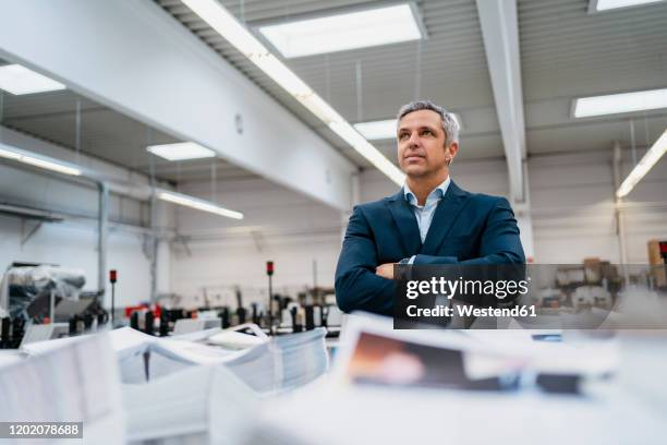 portrait of a confident businessman in a factory - tipografia foto e immagini stock