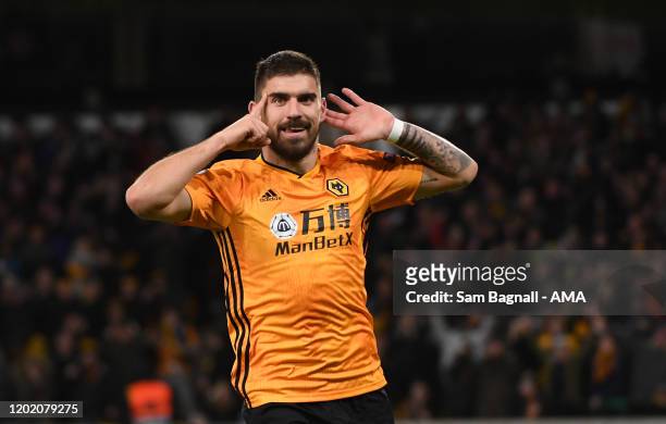 Ruben Neves of Wolverhampton Wanderers celebrates after scoring a goal to make it 2-0 during the UEFA Europa League round of 32 first leg match...