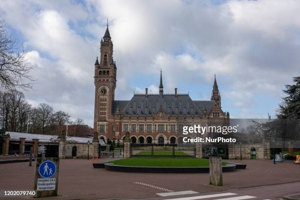 The Peace Palace, an international law administrative building, in The Hague, Netherlands, on February 20, 2020. The Hague is a city on the North Sea...