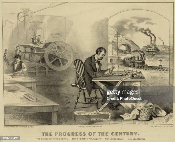 Entitled 'The Progress of the Century' depicts inventions such as the lightning steam press, the electric telegraph, the locomotive and the...