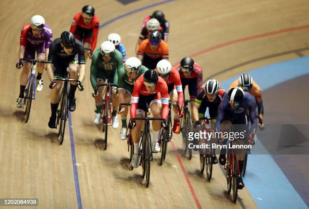 Riders compete in Scratch Race qualifying during day three of the 2020 HSBC National Track Championships at National Cycling Centre on January 26,...