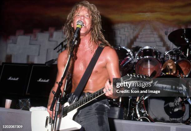 American songwriter, guitarist, lead vocalist and founding member of Metallica James Hetfield performs at the Pine Knob Music Theatre in Clarkston,...