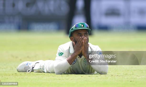 South Africa fielder Temba Bavuma reacts during Day Three of the Fourth Test between South Africa and England at Wanderers on January 26, 2020 in...