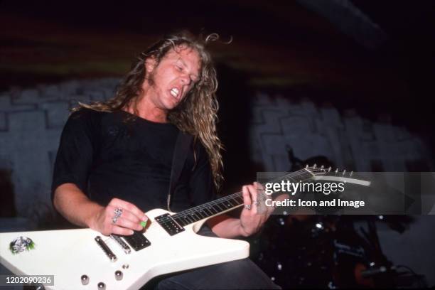 American songwriter, guitarist, lead vocalist and founding member of Metallica James Hetfield performs at the University of Illinois at Chicago...
